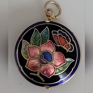 Vintage Double-sided Cloisonné Pendant featuring a butterfly and flower design